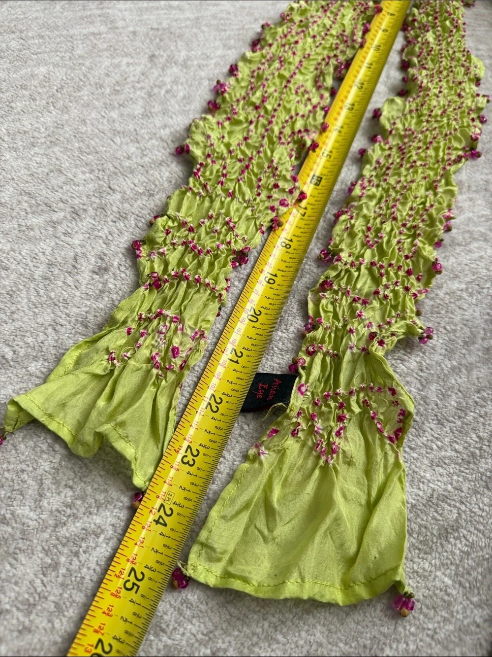 Light Green & Pink Beaded Ruffled Silk Scarf - Tie Dye Scarf #629
